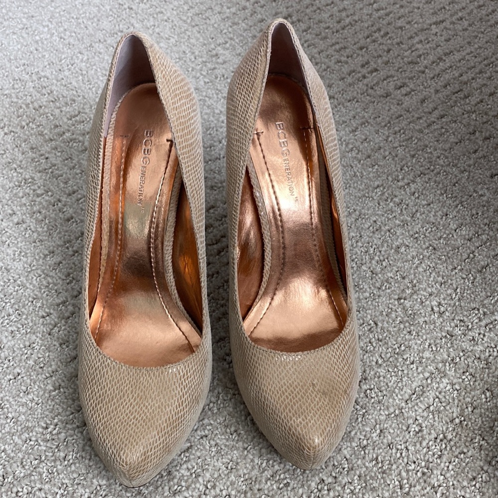 Nude colored “snake” skin heels by BCBG